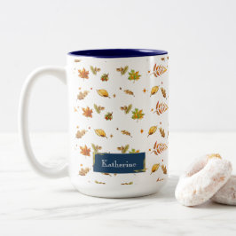 Blue Monogram Fall Leaf Erntedank Zweifarbige Tasse
