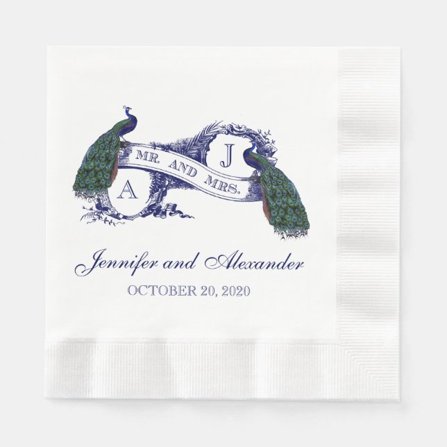 Blue Monogram Peacock Wedding Paper Napkins Serviette (Vorderseite)