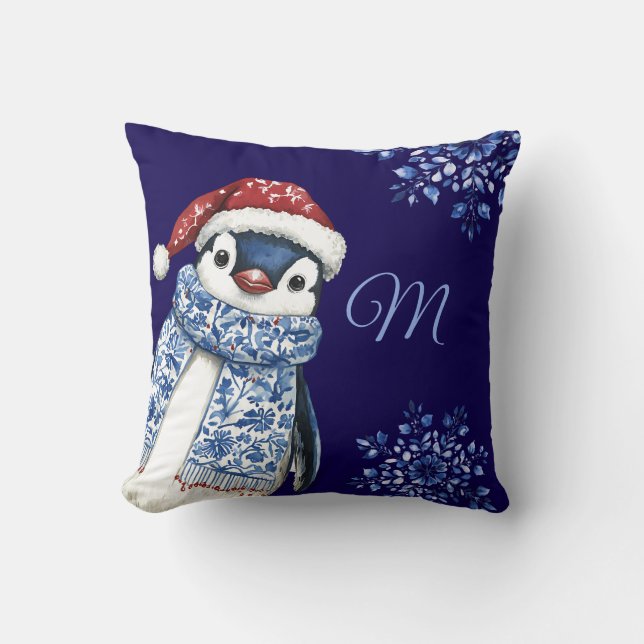 Blue Monogram Pinguin Christmas Kissen (Vorderseite)