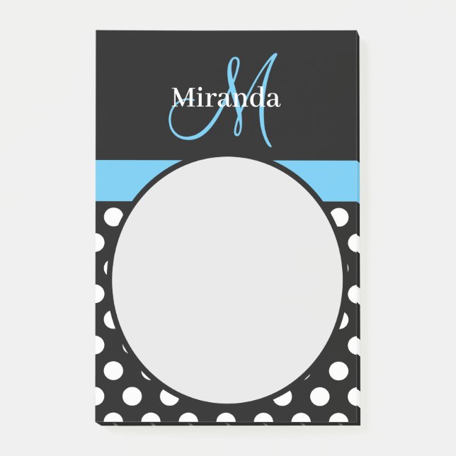Blue Monogram Schwarz-weiß Polka Dot Post-it Klebezettel (Vorderseite)