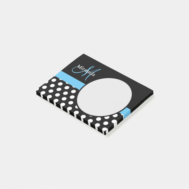 Blue Monogram Schwarz-weiß Polka Dot Post-it Klebezettel (angewinkelt)