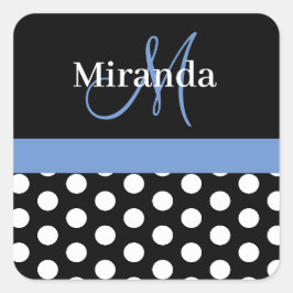 Blue Monogram Schwarz-weiß Polka Dot Quadratischer Aufkleber