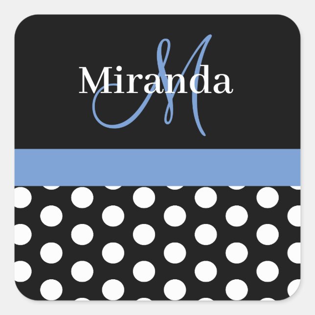 Blue Monogram Schwarz-weiß Polka Dot Quadratischer Aufkleber (Vorderseite)