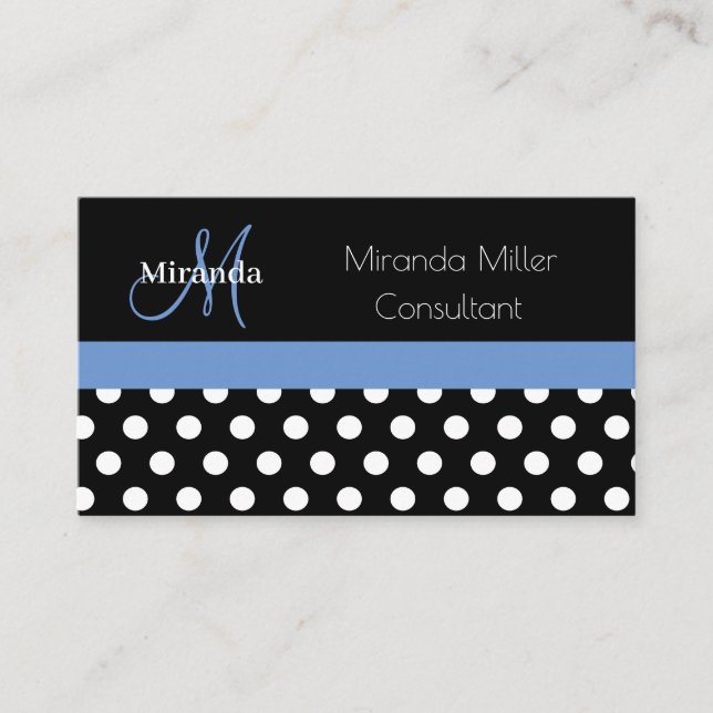 Blue Monogram Schwarz-weiß Polka Dot Visitenkarte (Vorderseite)