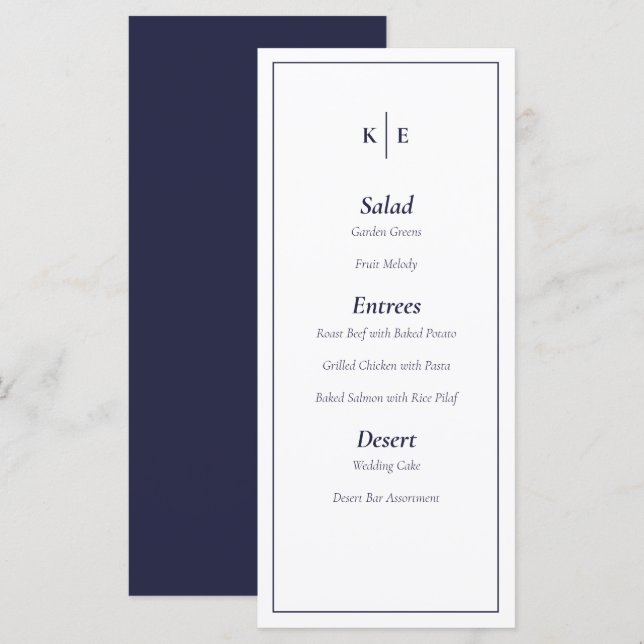 Blue Monogram Wedding Menu Card Menükarte (Vorne/Hinten)