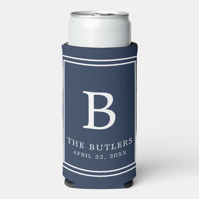 Blue Monogram Wedding Seltzer Can Cooler Selters Dosenkühler (Seltzer Vorderseite)
