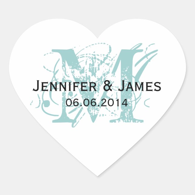 Blue Monogram Wedding Stickers Heart Shape (Vorderseite)