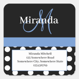 Blue Monogram White Polka Dot Rücksendeadresse Quadratischer Aufkleber