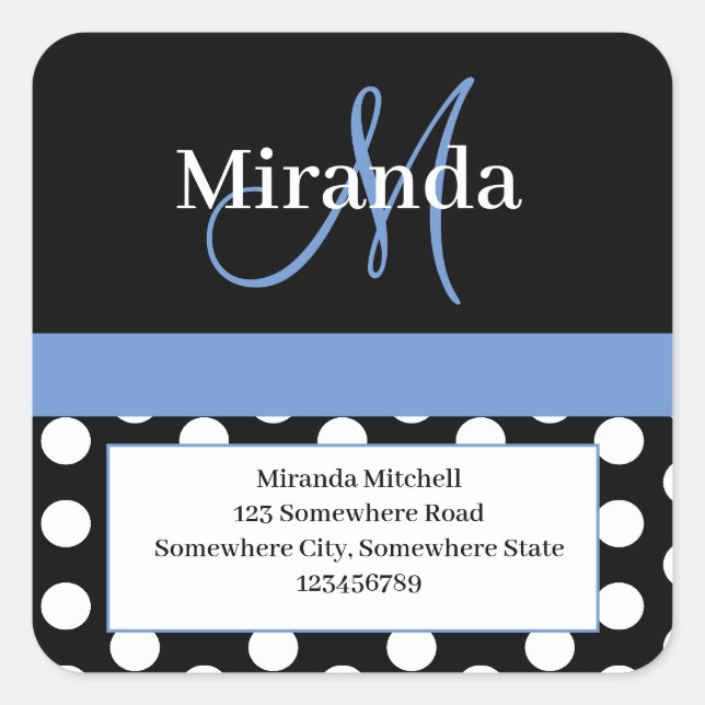 Blue Monogram White Polka Dot Rücksendeadresse Quadratischer Aufkleber (Vorderseite)
