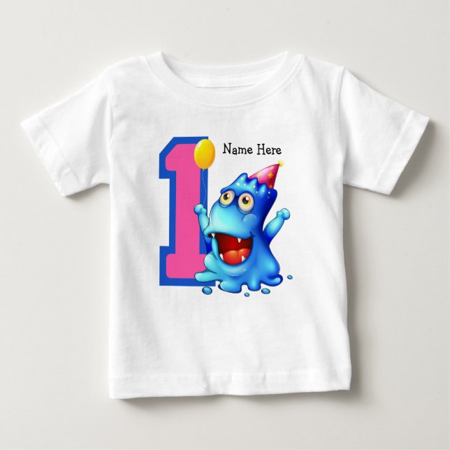Blue Monster 1. Geburtstag Custom Baby T-shirt (Vorderseite)