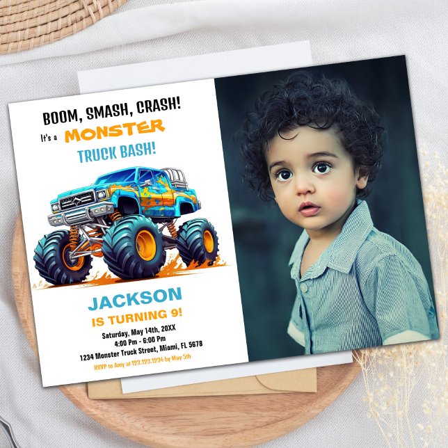 Blue Monster Truck Birthday Einladungen Foto (Blue Monster Truck Birthday Invitations Photo)