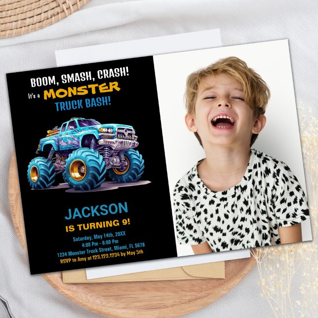 Blue Monster Truck Birthday Einladungen Foto (Blue Monster Truck Birthday Invitations Photo)