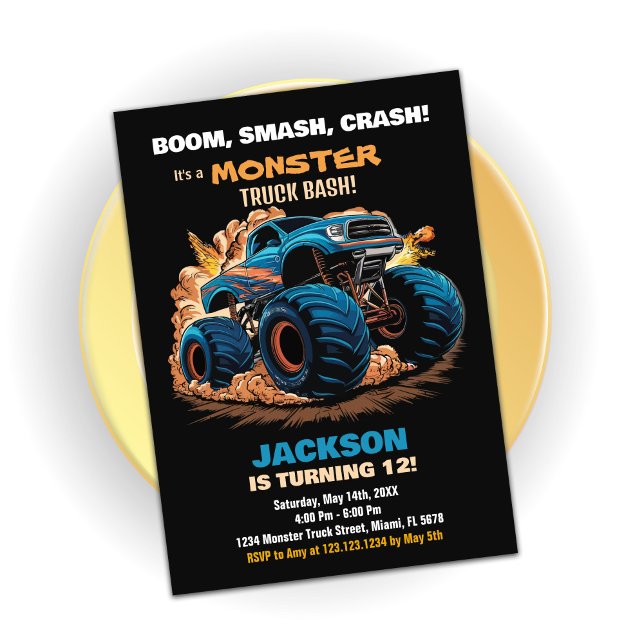 Blue Monster Truck Invitations Anniversaire Noir (Blue Monster Truck Birthday Invitations Black)