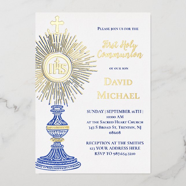 blue monstrance design | First Holy Communion Folieneinladung (Vorderseite)