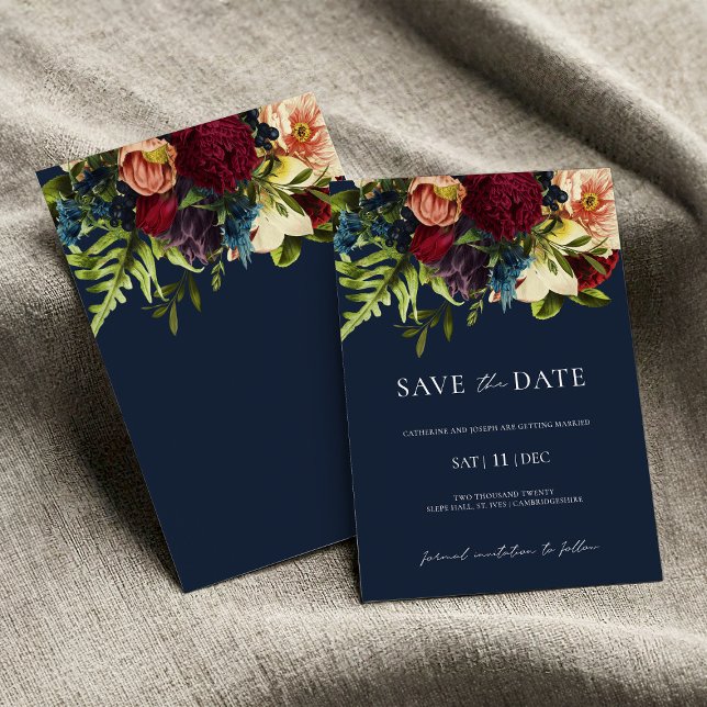 Blue Moody Floral Burgundy Hochzeit Speichern Sie  Einladung (Von Creator hochgeladen)