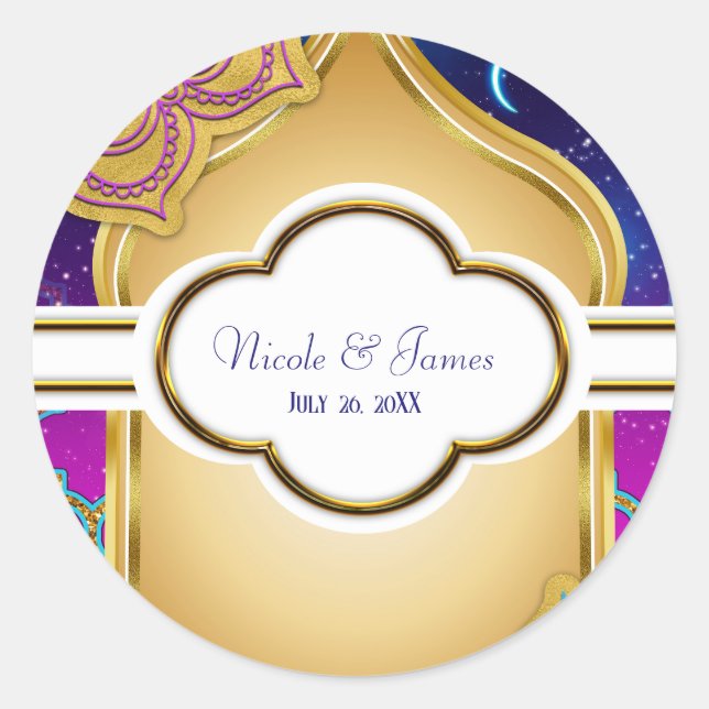 Blue Moon Arabian Nights Glam Gold Lila Hochzeit Runder Aufkleber (Vorderseite)
