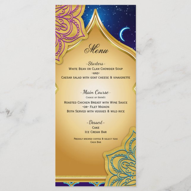 Blue Moon Arabian Nights Glam Gold Lila Menü Menükarte (Vorderseite)