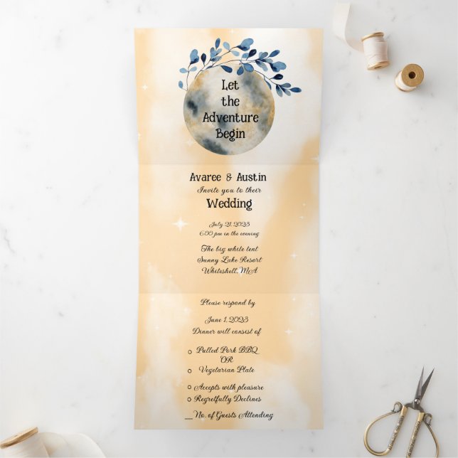 Blue Moon Floral Wedding Dreifach Gefaltete Einladung (Innenseite)