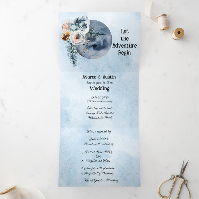 Blue Moon Floral Wedding Dreifach Gefaltete Einladung (Innenseite)