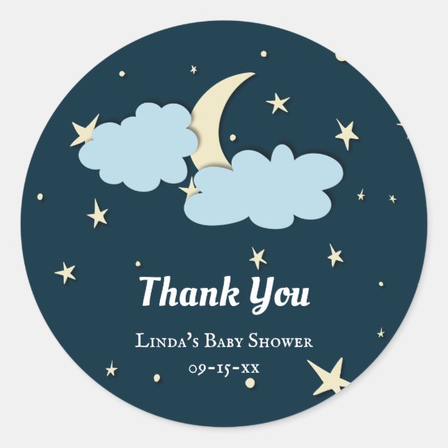 Blue Moon & Stars Mitternacht Elegante Babydusche Runder Aufkleber (Vorderseite)