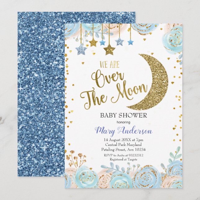 Blue Moon und Star Baby Dusche Einladung (Vorne/Hinten)
