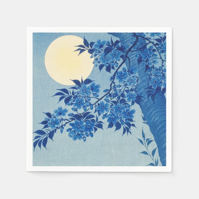 Blue Moonlit Tree: Japanischer Kirschblossom Nacht Serviette (Vorderseite)