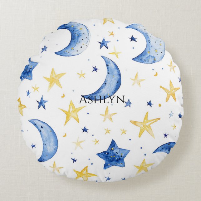 Blue Moons Gold Stars Rundes Kissen (Vorderseite)