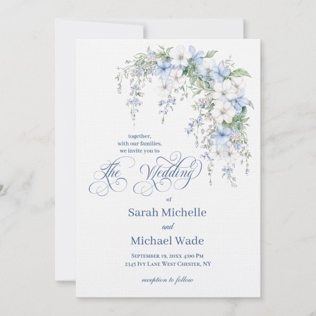 Blue Morning Glory Calligraphy Wedding Invitation Einladung (Vorderseite)