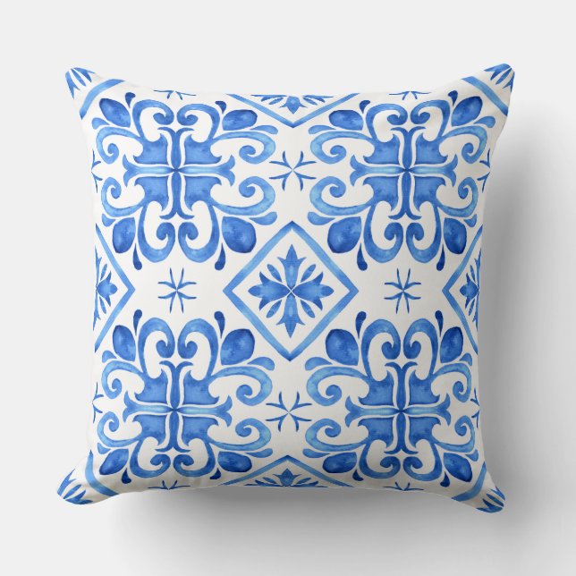 Blue Moroccan Zellige Pattern Throw Pillow Kissen (Vorderseite)