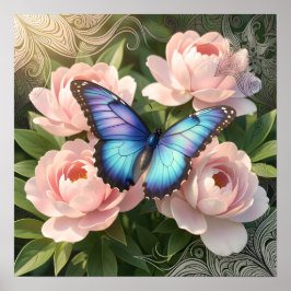 Blue Morpho Butterfly Floral Botanical Art  Poste Poster