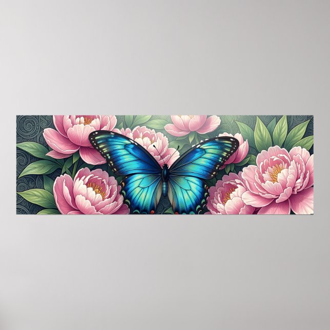 Blue Morpho Butterfly Floral Botanical Art Poster (Devant)