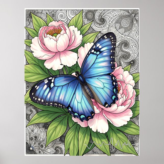  Blue Morpho Butterfly Floral Botanical Art  Poster (Vorne)