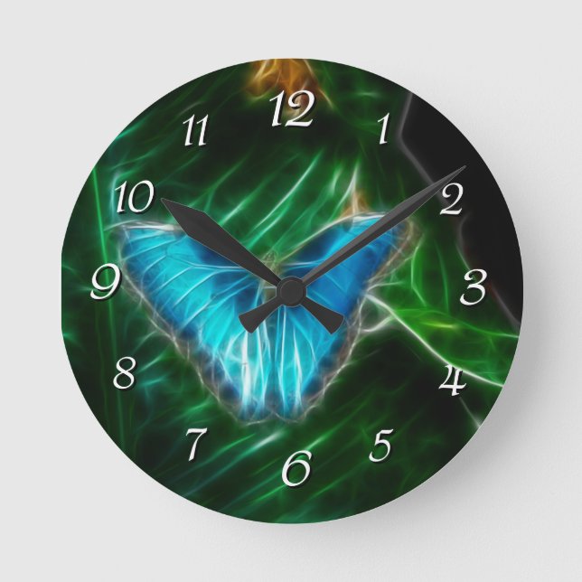 Blue Morpho Butterfly Fractal Runde Wanduhr (Vorderseite)