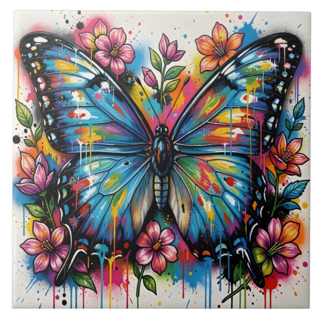 Blue Morpho Butterfly Street Art Graffiti Grunge Fliese (Vorderseite)