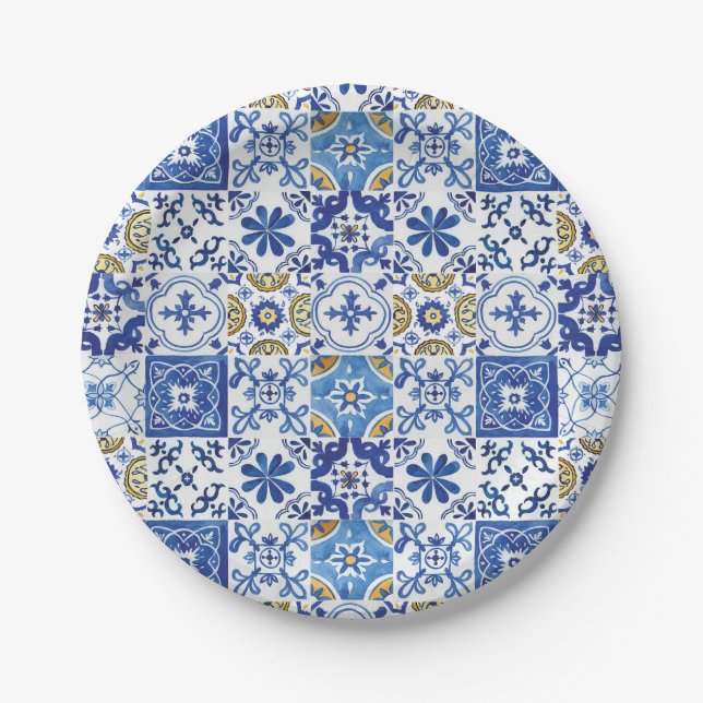 Blue Mosaic Tiles Birthday Bridal Baby Dusche Pappteller (Vorderseite)