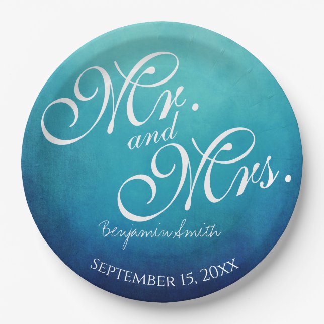Blue Mr. und Mrs. Personalisiert Wedding Reception Pappteller (Vorderseite)