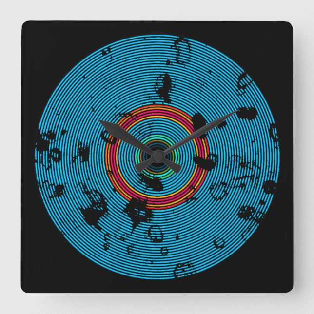 Blue Multicolor Vinyl Disc Texture Pattern Quadratische Wanduhr (Vorderseite)