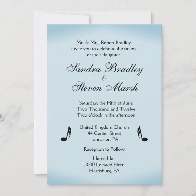 Blue Music Theme Wedding Einladung (Vorderseite)