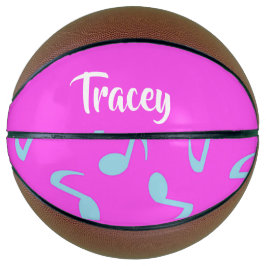 Blue musical notes on pink basketball