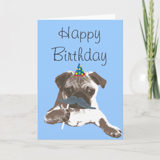Blue Mustache Mops Happy Birthday Card Karte (Vorderseite)