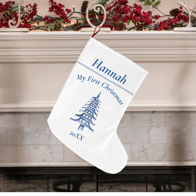 Blue My First Christmas Pagoda Großer Weihnachtsstrumpf (Blue My First Christmas Pagoda Large Christmas Stocking)