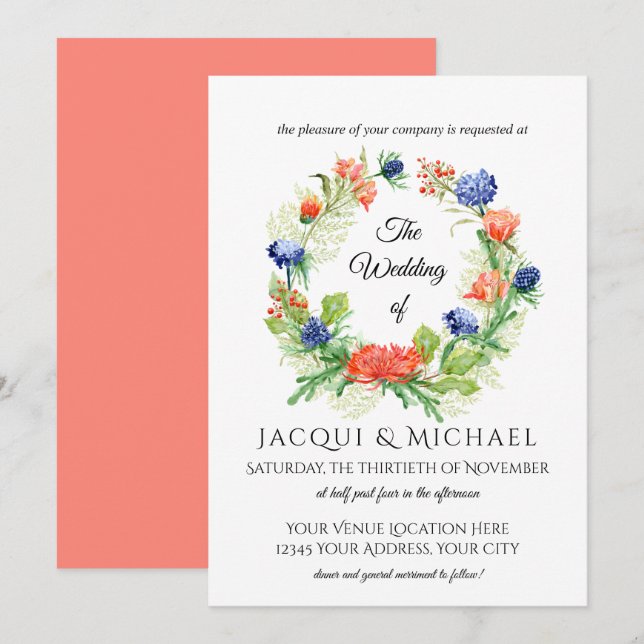 Blue n Coral Chrysanthemum Thistle Wreath Wedding Einladung (Vorne/Hinten)