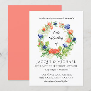 Blue n Coral Chrysanthemum Thistle Wreath Wedding Einladung