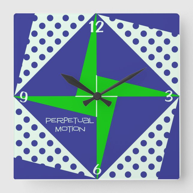 Blue n Green Perpetual Motion Quilt Block Quadratische Wanduhr (Vorderseite)