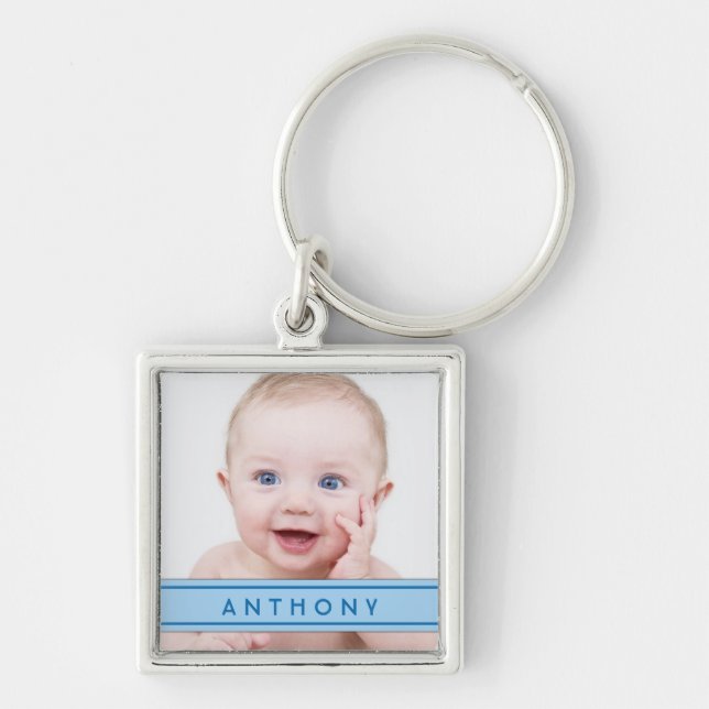 Blue Name Baby Foto Template Schlüsselanhänger (Vorne)