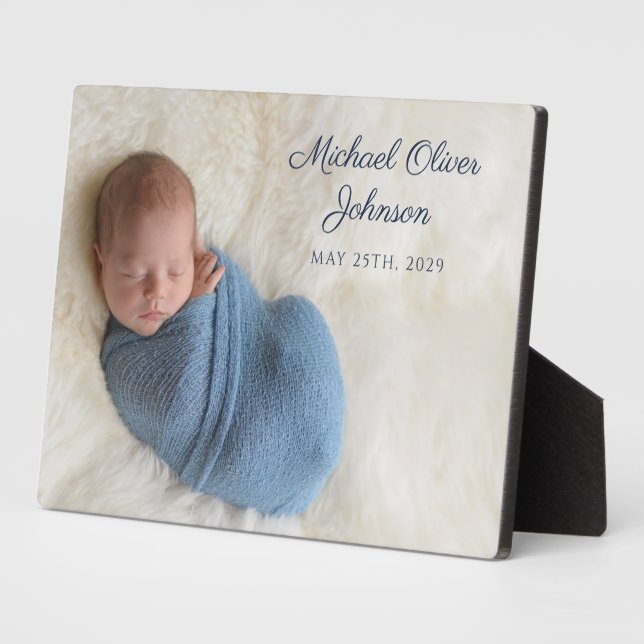 Blue Name Birth Date Script Baby Foto Fotoplatte (Seite)