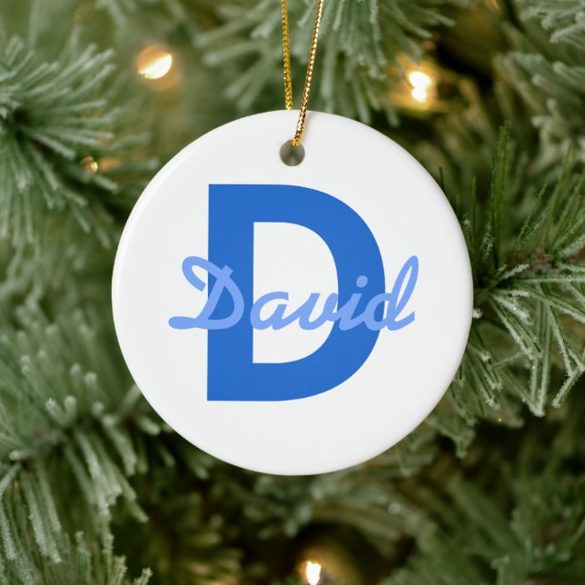 Blue Name & Monogram Aufkleber Keramik Ornament (Baum)