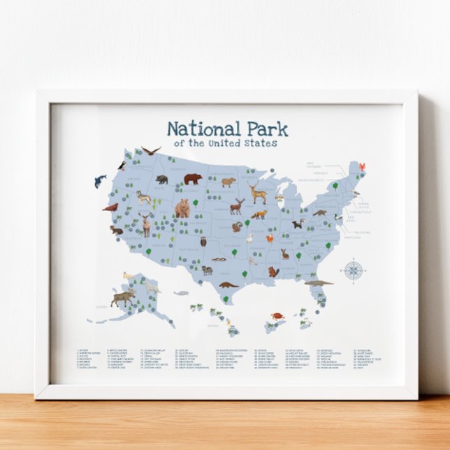 Blue National Park Map Woodland Kinderzimmer Print Poster (Blue National Park Map Woodland Nursery Print)