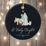 Blue Nativity Religious Christmas Keramik Ornament<br><div class="desc">Dieses personalisierte Weihnachtsschmuck ist eine schöne Ergänzung zu jedem Baum. Mit einer wunderschönen Krippe in Aquarellfarben auf dunkelblauem Hintergrund erweckt dieser Schmuck die Essenz der Saison auf atemberaubende und zeitlose Weise. Die Botschaft "O Heilige Nacht" fügt dem Design eine zusätzliche Touch von Ehrfurcht und Sinn hinzu und macht es somit...</div>