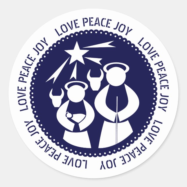 Blue Nativity Scene Liebe, Peace, Freude Christmas Runder Aufkleber (Vorderseite)